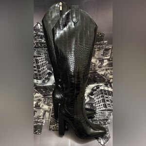 Black Croc-Embossed Women's Knee High Boots